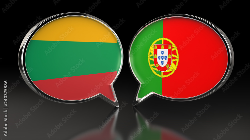 Lithuania and Portugal flags with Speech Bubbles. 3D illustration Lithuania and Portugal flags with Speech Bubbles. 3D illustration