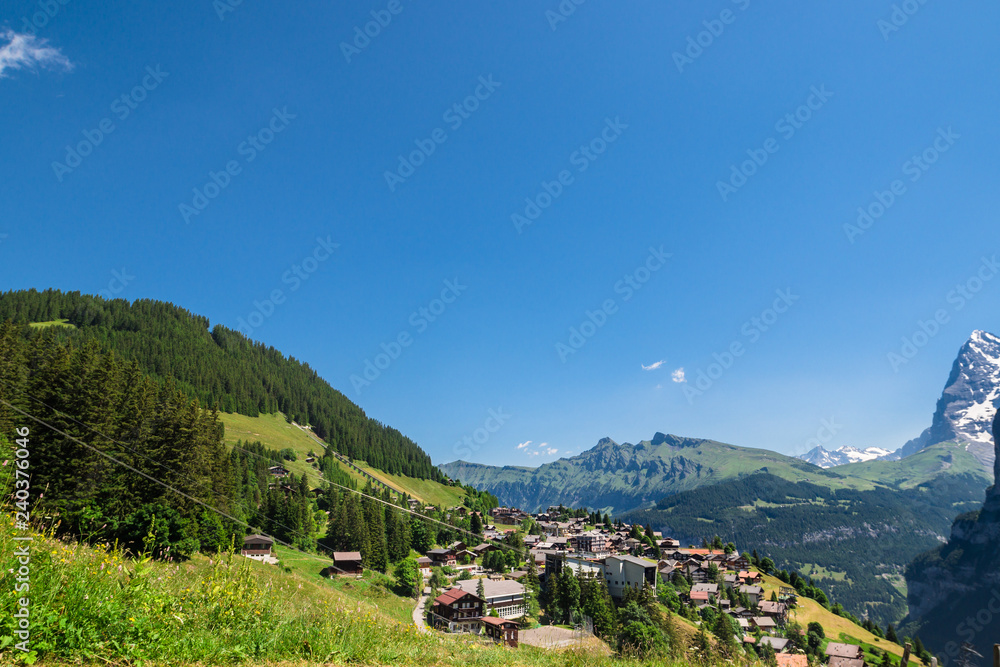 Murren Village in Alps mountains. Switzerland. Postcard from Switzerland