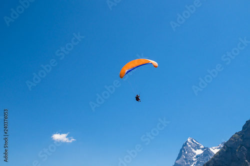 Landscape with paragliders in Alps, Switzerland. Murren, Lauterbrunnen, Swiss.