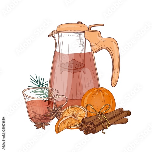 Drawing of glass pitcher with strainer, cup of winter fruit tea, fresh orange, cinnamon and star anise isolated on white background
