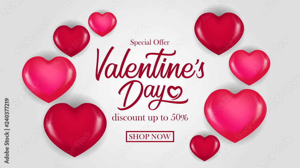 Special offer valentine day sale banner template with 3D hearth shape. Vector illustration.