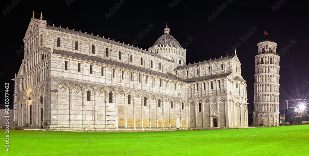 Piazza dei miracoli and The leaning tower by night. Travel in Italy and Pisa concept