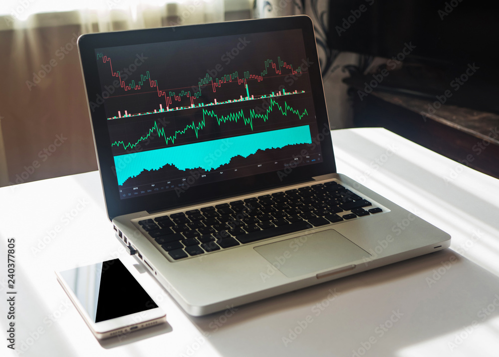 Graphs and charts on computer screen. Technical analysis of financial data Graphs and charts on computer screen. Technical analysis of financial data