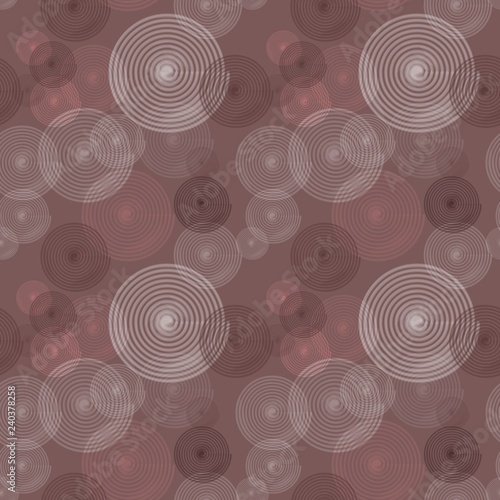 Seamless geometric pattern from spiral circles. Rounded shapes multicolored in white, pink and brown colors on a dark background. Vector illustration. Suitable for fabric, wallpaper and wrapping