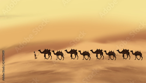 The landscape of the east, the desert, a caravan with camels on the sands. The element of sand storm.