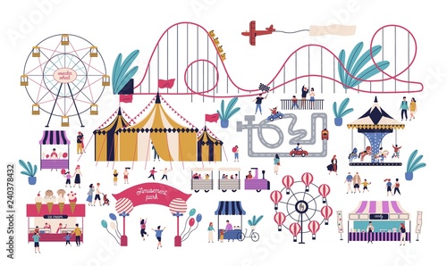 Tiny people in amusement park with various attractions, rides, circus tent, kart track, stalls with cotton candy and ice cream. Area for family entertainment. Vector illustration in flat style.