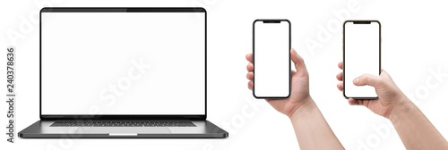 Laptop and smartphones with blank screen.  photo