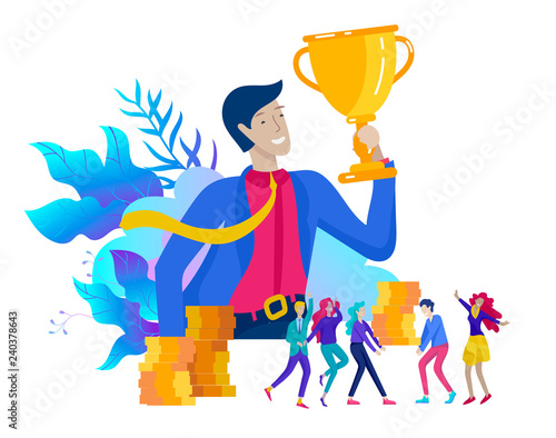 Business Team Success hold Golden winner cup, concept of people are happy with victory. Office Workers Celebrating with Big Trophy, ways goals, first place in business, financial growth. Landing page