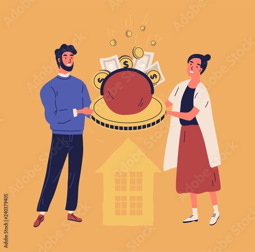 Happy man and woman holding purse or wallet with coins and banknotes. Concept of family or household budget, financial planning, money managing and saving. Vector illustration in flat cartoon style.