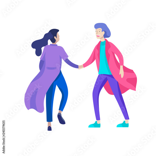 Vector people character walking on the street in autumn or winter clothes, friends and couples. Colorful Group of male and female flat cartoon characters