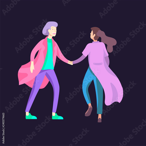 Vector people character walking on the street in autumn or winter clothes, friends and couples. Colorful Group of male and female flat cartoon characters