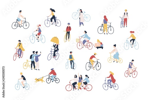 Collection of people riding bikes on city street. Bundle of men, women and children on bicycles isolated on white background. Outdoor activity set. Colorful vector illustration in cartoon style.