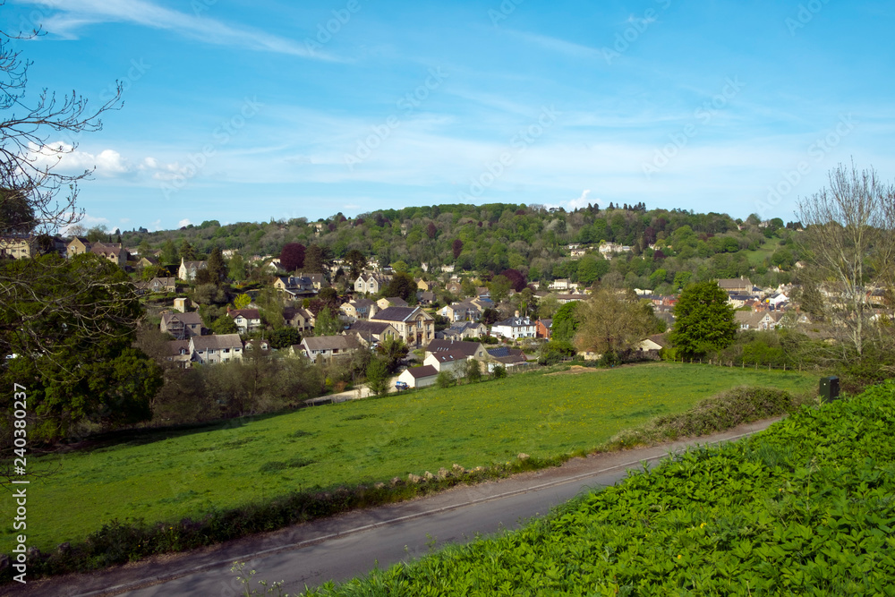 View over Nailsworth town on the edge of the Cotswold Hills, Gloucestershire, England, UK
