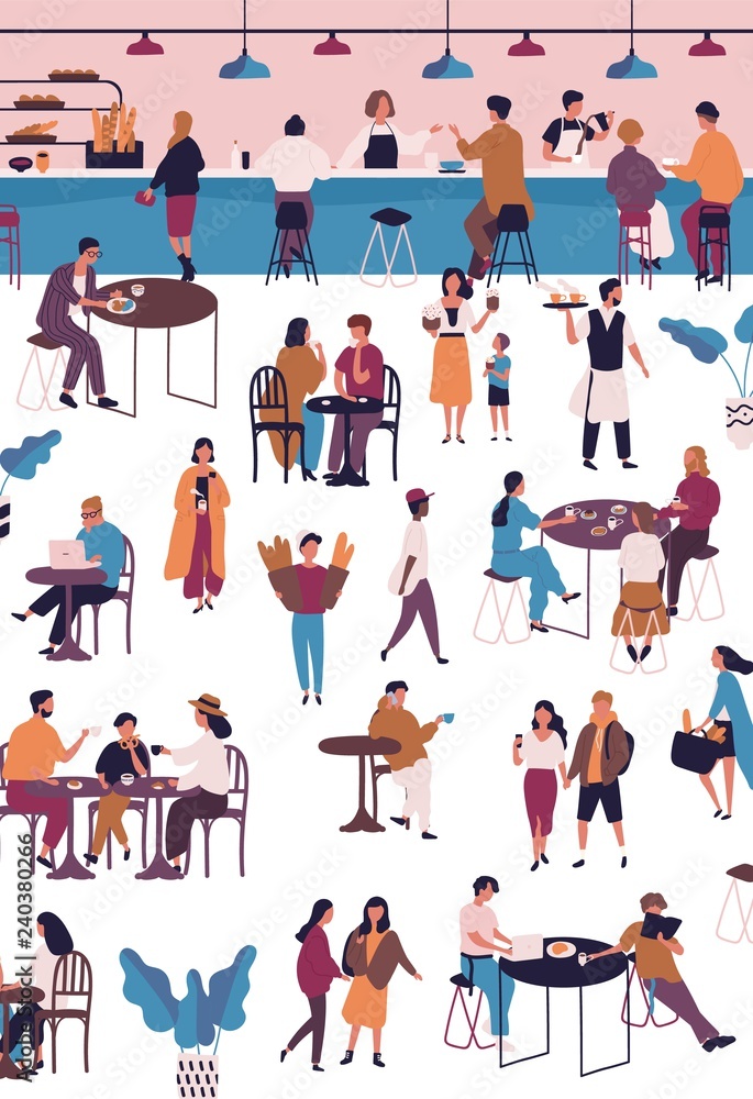 Tiny people at cafe, coffeehouse or espresso bar. Men and women sitting at tables, drinking coffee or tea, eating desserts and talking to each other. Vector illustration in flat cartoon style.