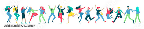 Jumping character in various poses. Group of young joyful laughing people jumping with raised hands. Happy positive young men and women rejoicing together, happiness, freedom, motion people concept.