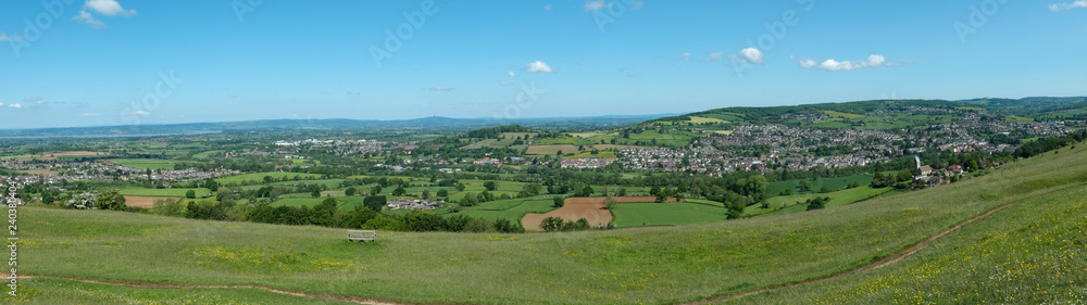 Panoramic long distance views from Cotswold Way long distance footpath on Selsley Common near Stroud, Gloucestershire, Cotswolds, UK Panoramic long distance views from Cotswold Way long distance footpath on Selsley Common near Stroud, Gloucestershire, Cotswolds, UK
