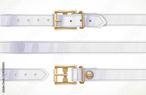Thin white leather belt buttoned, unbuttoned and seamless middle part isolated on white background