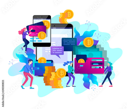 Cryptocurrency and blockchain composition with people, analysts and managers working on crypto start up