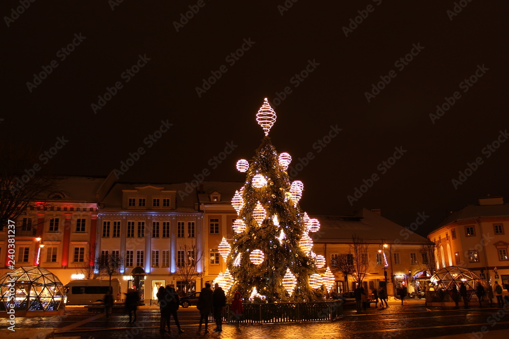 Vilnius, Lithuania 12-24-2018: 2018 years Christmas tree In Vilnius, Rotuses square, Lithuania