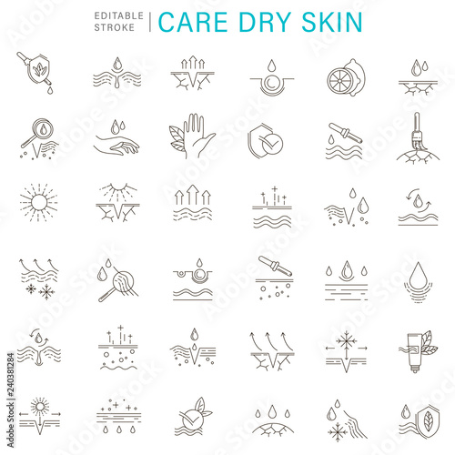 Vector icon and logo for natural cosmetics and care dry skin. Editable outline stroke size.Vitamin E, olive oil, collagen and serum drop elements. Concept illustration. Sign, symbol, element.