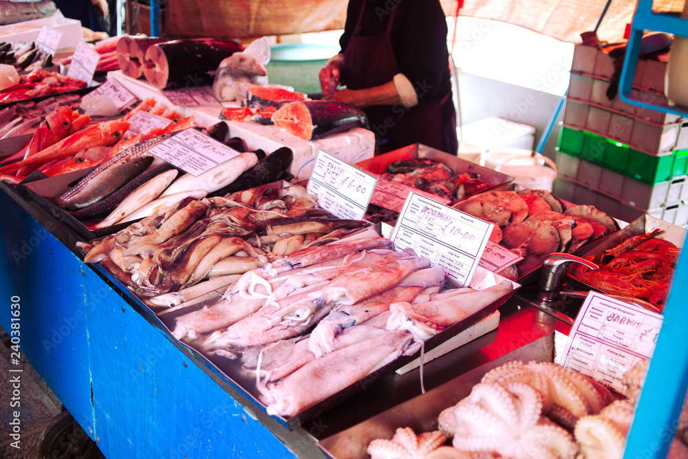 Fresh squids at the fish market Marsaxlokk, Malta