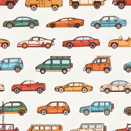 Seamless pattern with cars of various body configuration styles - cabriolet, sedan, pickup, hatchback