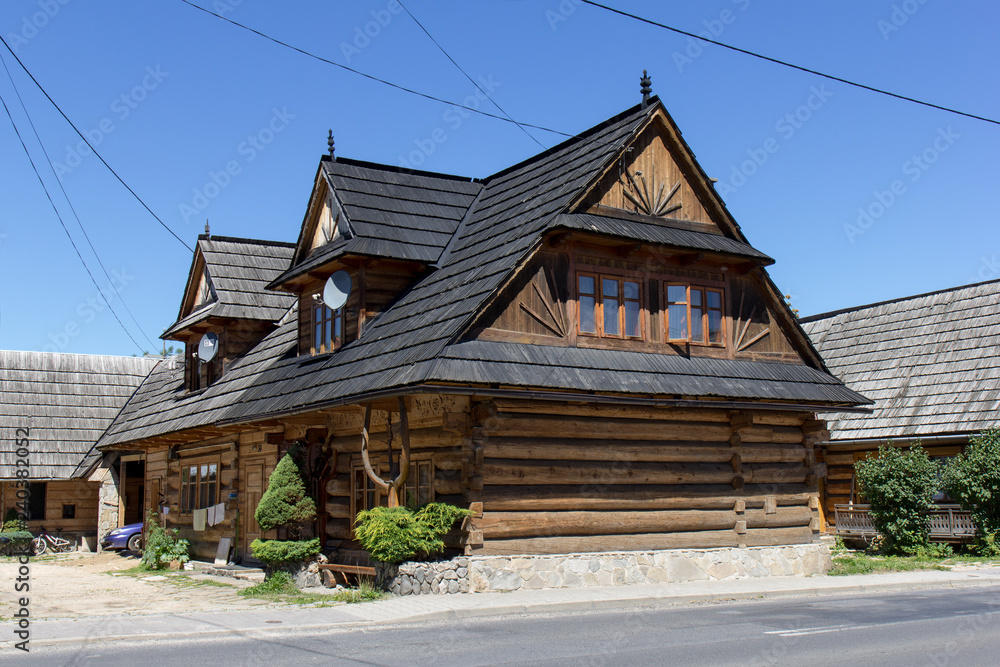 Chocholow, Poland: 30 July 2017 - Traditional wooden houses in village Chocholow, Tatra Mountain region, Poland,