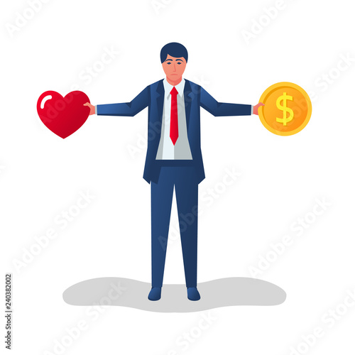 Balance of love and money. Businessman chooses between love and money. Holding heart and earnings. Vector illustration flat design. Isolated on white background. Career and lifestyle.