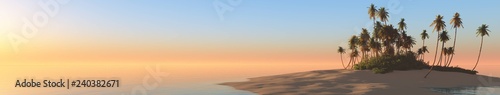 Beautiful tropical island at sunset, panorama of sea landscape with palm trees, 3d rendering 
