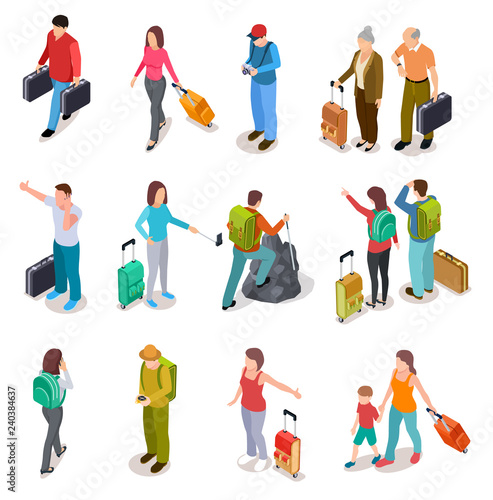 Travel people isometric set. Men, women and kids with luggage. Tourist family, passengers and baggage. Tourism vector collection. Illustration of people travel adventure, walking and hiking isometry