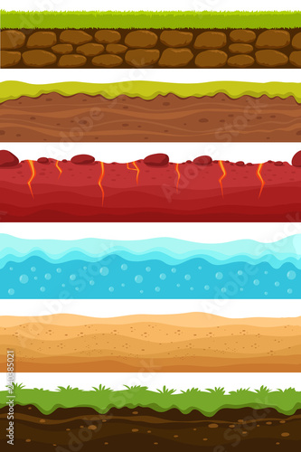 Seamless grounds. Soils, water and land levels with grass, sandy desert. Cartoon vector endless textures set. Illustration of ground and soil horizontal, water and grass for game surface