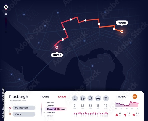 Navigation map. Gps city navigator ui with mapping route, tracking street plan. Roadmap app vector design. Illustration of gps route road, navigator roadmap tracking