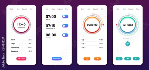 Clock user interface. Alarm stopwatch timer ui mobile phone. Time app vector design. Illustration of clock and timer, alarm and stopwatch