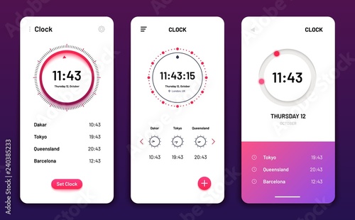 Clock app. Digital clock alarm phone application. Cellphone watch widget futuristic vector user interfaces. App ui clock mobile, time and date illustration