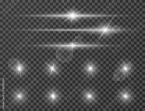 Light flare. Optical lens glowing flashlight effect. Gleaming camera flash. Realistic sparkles vector set. Star flash and shine bright illustration