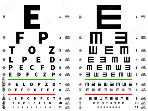 Eyes test chart. Vision testing table, ophthalmic spectacles measuring equipment. Vector illustration. Medical test health optical, sight check examination