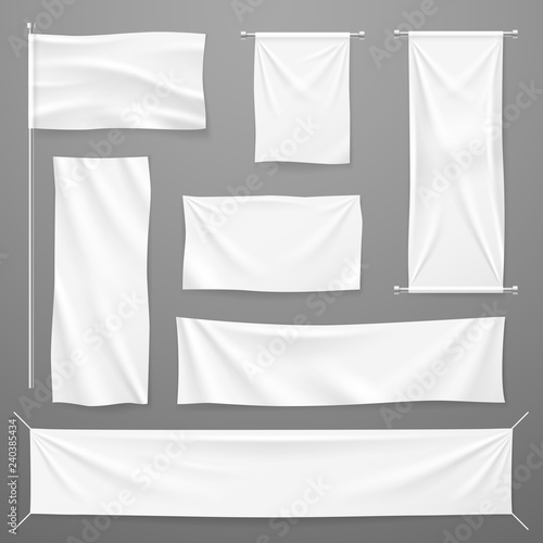 White textile advertising banners. Blank fabric cloths hanging on rope. Folded empty cotton stretched canvas. Vector mockup. Illustration of banner textile for advertising, realistic horizontal sheet