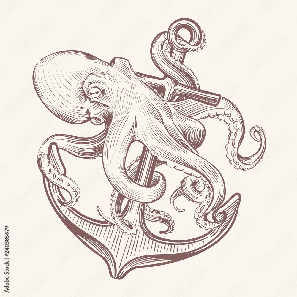 Octopus with anchor. Sketch sea kraken squid holding ship anchor. Octopus  navy tattoo vector vintage design. Illustration of octopus and anchor,  mythical animal and hook Stock Vector | Adobe Stock