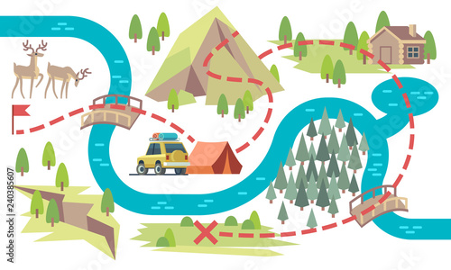 Trail map. Tourists hiking footpath from start to finish with camping location and flag. Tourist route map vector illustration. Travel adventure trail, mountain and forest hiking route