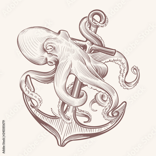 Octopus with anchor. Sketch sea kraken squid holding ship anchor. Octopus navy tattoo vector vintage design. Illustration of octopus and anchor, mythical animal and hook