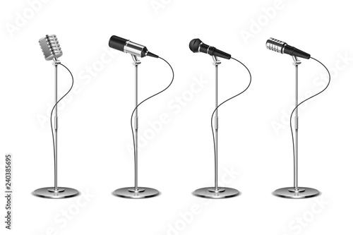 Microphone set. Standing microphones audio equipment. Concept and karaoke music mics vector isolated collection. Illustration of sound equipment mic, microphone for record