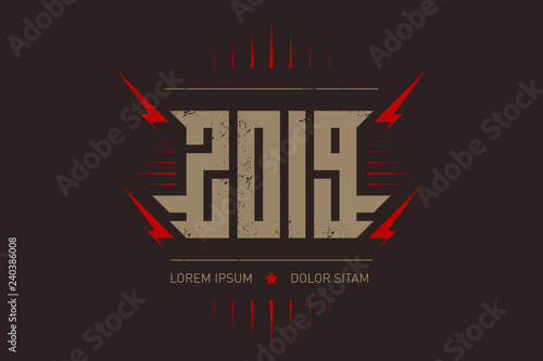 Happy New Rock'n'roll 2019 - music poster with stylized inscription, red lightnings and star. 2019l - t-shirt design. T-shirt apparels cool print with inscription. photo