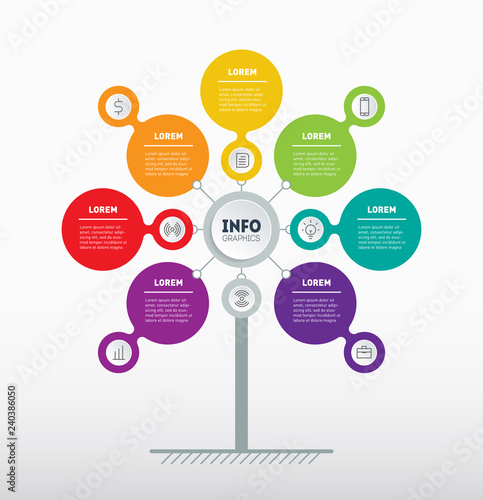 Business presentation or infographic concept with 7 options. Web Template of tree, info chart or diagram. Technology or education process with 7 steps. Vector.