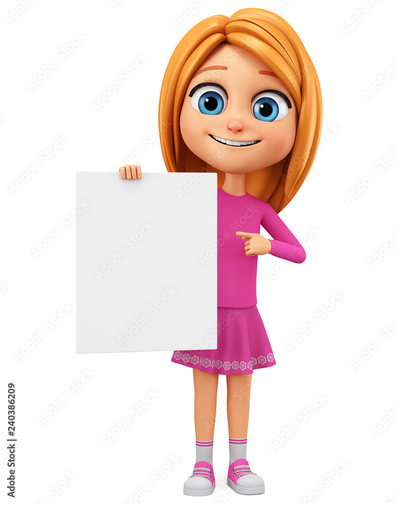 Cartoon character girl in a pink dress pointing her finger at a blank board on a white background. 3d rendering. Illustration for advertising. Cartoon character girl in a pink dress pointing her finger at a blank board on a white background. 3d rendering. Illustration for advertising.