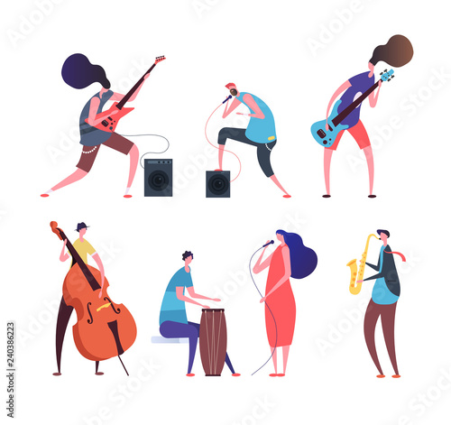 Music band. Cartoon musicians, punk guys with musical instruments playing rock music on stage vector set isolated. Illustration of guitarist with instrument, rock musician