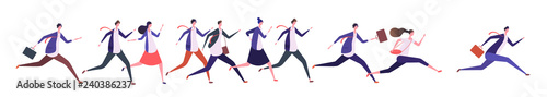 Running business people. Businessman businesswoman  jogging persons run to goal. Competition  leadership and success vector concept. Businesswoman and businessman competition illustration