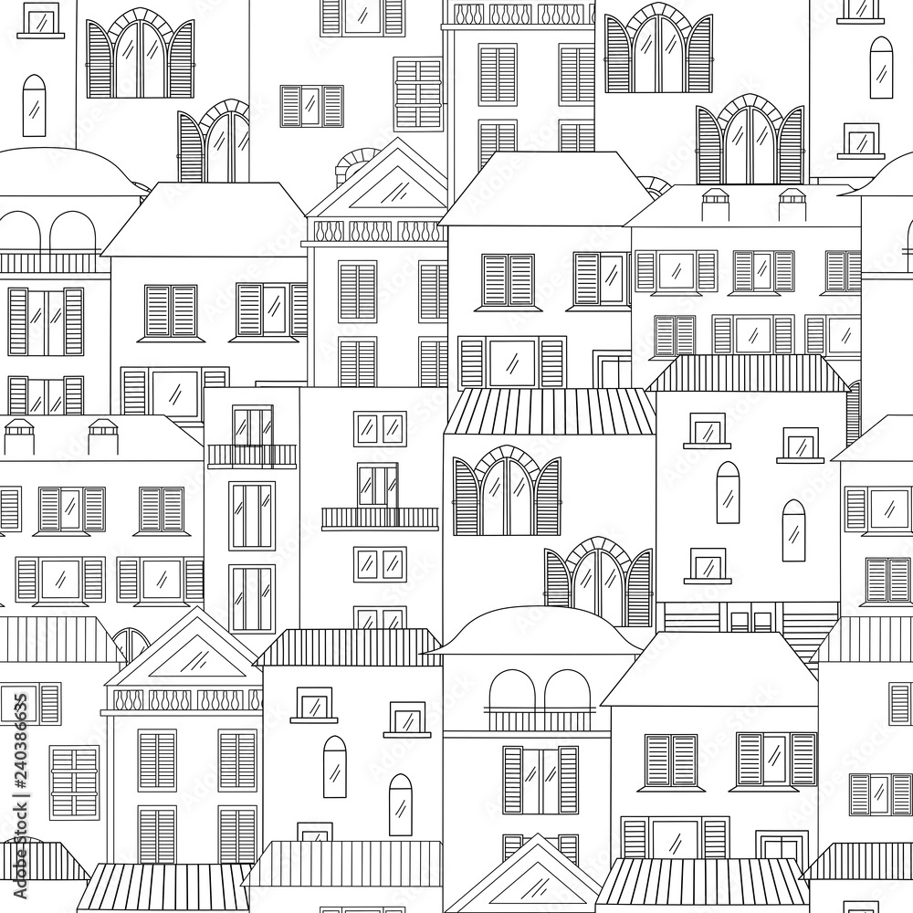 Hand-drawn houses in Italian style seamless pattern. Old town vector illustration.