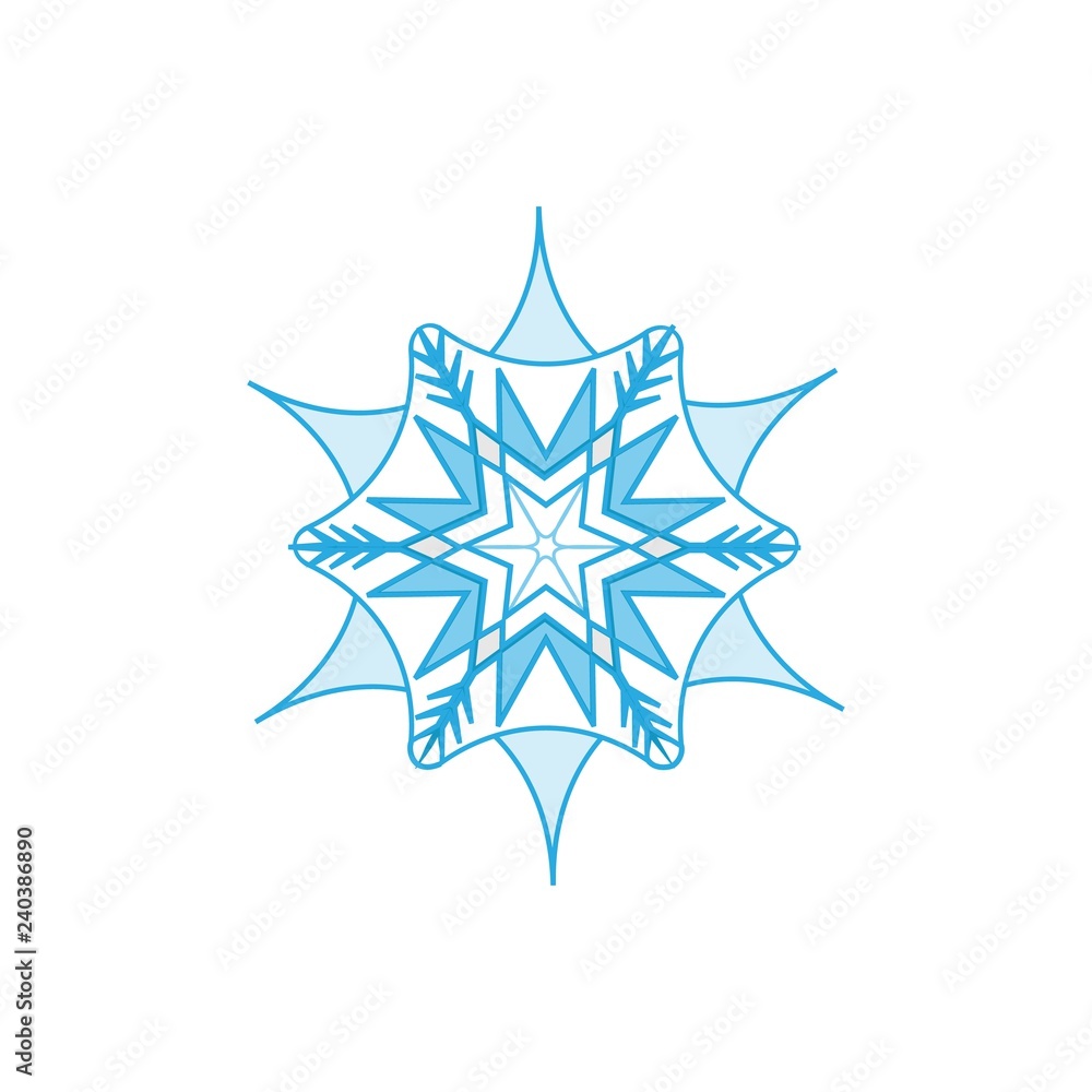 Snowflake blue sign. Silhouette design gray snowflake on white background. Symbol of Christmas holiday season. Colorful template for prints, card. Isolated graphic element. Flat vector illustration