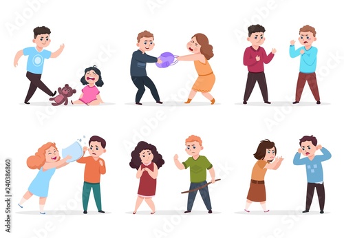 Angry kids. Bad boys and girls confronting and bullying smaller children. Bad behavior kid vector character. Illustration of boy and girl bullying, childhood violence