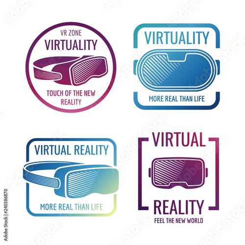 Color futuristic helmet virtual reality headset logos. Vr glasses head-mounted display vector labels. Illustration of virtual helmet, headset for vr